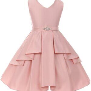 Sleeveless Satin Overlays Brooch Sash V Neck Easter Flowers Girls Dress Blush